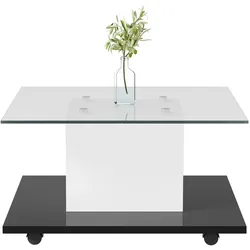 Merax Couchtisch, Couchtisch aus Hochglanzglas, beweglicher Couchtisch mit Schwenkrädern, Weiß und Schwarz
