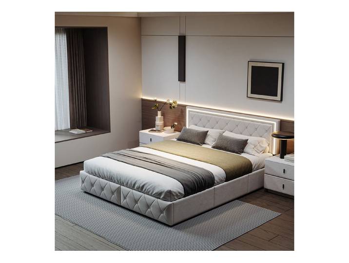Simurq Polsterbett Bettgestell 160x200cm mit Schubladen (Mit Verstellbares Kopfteil,LED und Lattenrost), Polsterbett aus Kunstleder