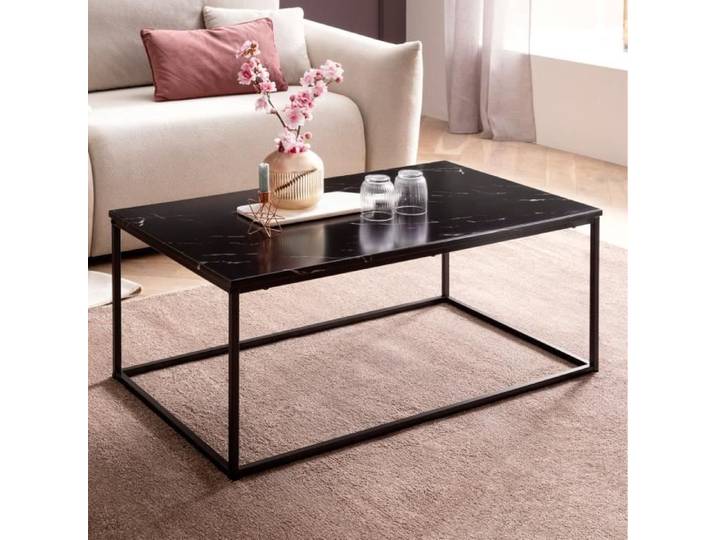 Table basse carrée WOHNLING en métal noir avec plateau aspect marbre brillant 100x60 cm