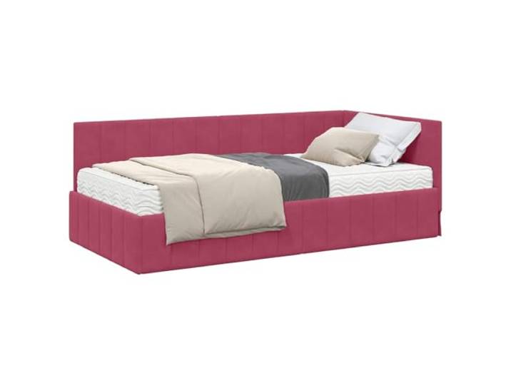 KTHLBRH Eckbett mit Matratze, 2 Stück, Weinrot Weicher Samt, Holz, Schaumstoffmatratze, ergonomisches Kopfteil, modernes Design, geeignet für kleine Räume