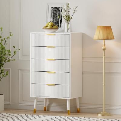 Garvee 5 Drawer Fluted Dresser for Bedroom, Modern Wooden Storage Chest with Metal Legs and Handles