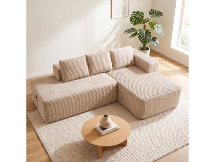 COMHOMA Ecksofa mit Schlaffunktion, 228cm Corduroy Modulares Boneless Couch mit Chaiselongue & Rücken-Metallgestell, L-Form Schlafsofa mit offenem Design, Kissen & Seitentaschen,für Wohnzimmer, Beige