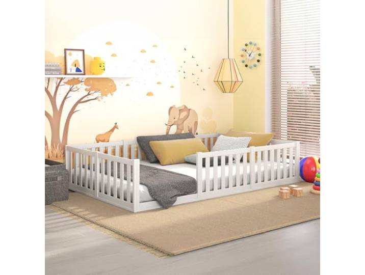 CADANI Teso Kinderbett 120x200 cm Montessori Bodenbett bis 200 kg belastbar mit Rausfallschutz inkl. Lattenrost, Kiefer Massivholz, weiß - 3 Aufbauvarianten