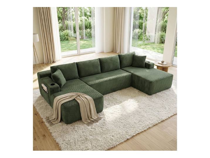 ANYSUN 4-Sitzer Modulares U-förmiges Sofa 339 cm,Cord-Sofa,Ecksofa, U-Form Sofa mit Schlaffunktion, Cord-Schlafsofa mit tiefer Sitzfläche, Ecksofa für Wohnzimmer, Arbeitszimmer, Ferienwohnung, Ruheraum