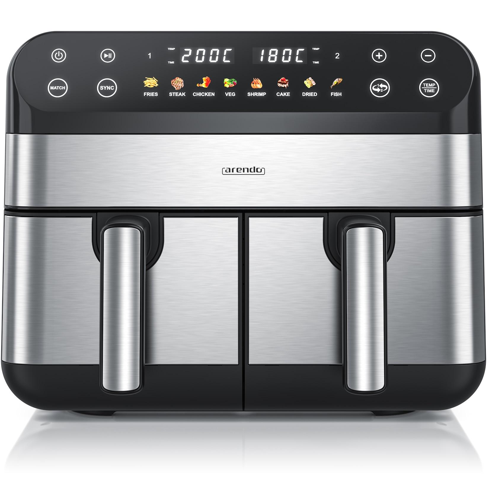Arendo Heißluftfritteuse XXL Doppelkammer Airfryer SL, Dual Zone, Backofen, Dörrautomat, 2400 W, mit Zubehör, Touchscreen, 3D Umluftsystem