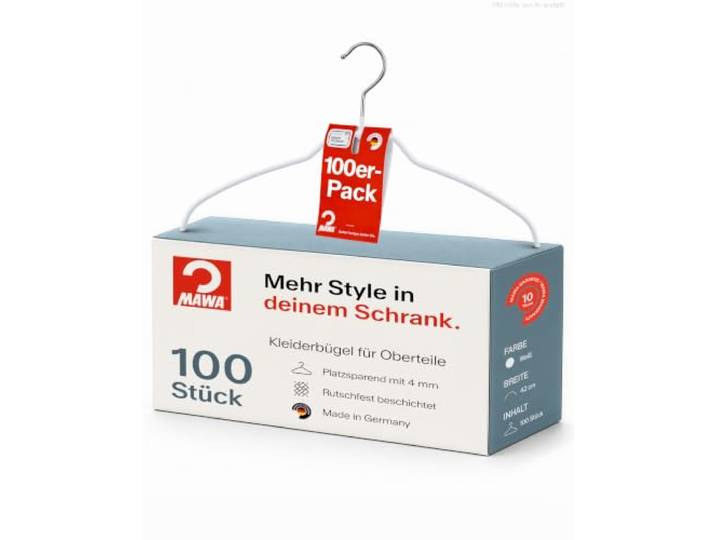 MAWA Kleiderbügel Metall I Oberteilbügel 42 cm I 100 Stk. Platzsparende & rutschfeste Shirtbügel für Kleiderschrank I Formstabile Aufbewahrung gegen Knittern & Falten I in Weiß