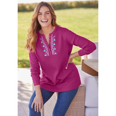 Plus Size Women's Embroidered Thermal Henley Tee by Woman Within in Raspberry Vine Embroidery (Size M) Long Underwear Top