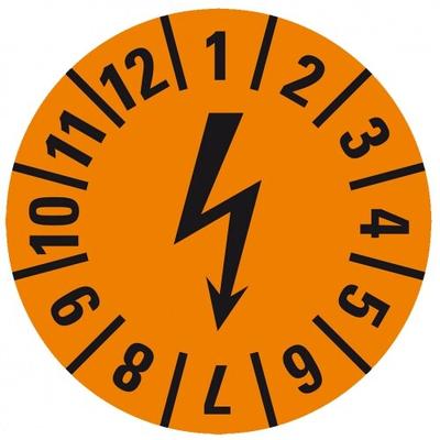 König Werbeanlagen Dreifke® Aufkleber I Prüfplakette mit Blitzpfeil, orange, Dokumentenfolie, selbstklebend, Ø15mm, 60/Bogen