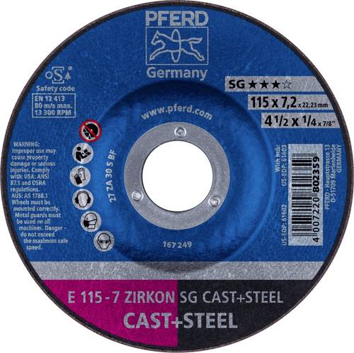 PFERD TOOLS 62211747 E 115-7 ZIRKON SG CAST+STEEL Schruppscheibe gekröpft Durchmesser 115mm Bohrungs-Ø 22.23mm Grau-/Sphäroguss