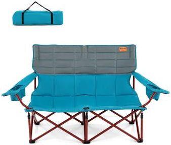 Costway Oversized Camping Chair Folding Loveseat Camping Couch with Cup Holders & Thick Padding-Blue