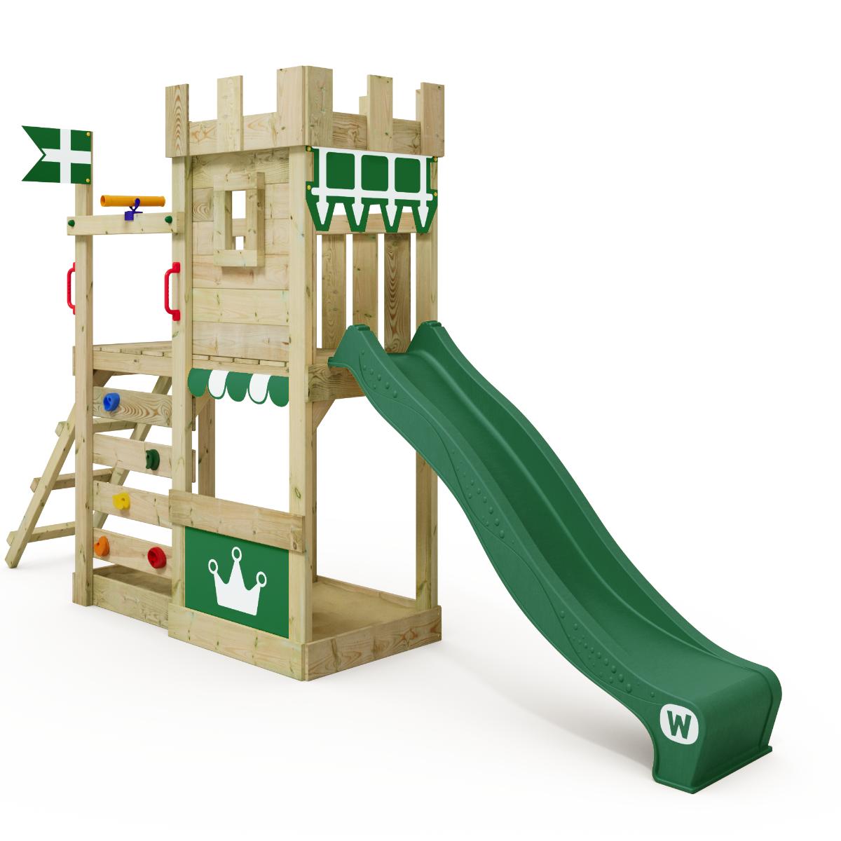 Kinderspielturm RoyalFlyer mit Rutsche - Sandkasten Kletterwand Spielgerät für kleine Gärten aus Massivholz wetterfest langlebig - Wickey