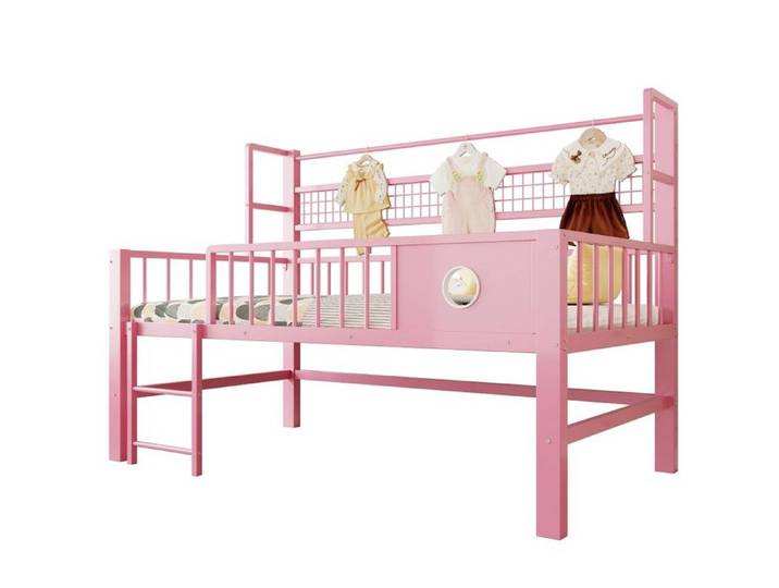 Lit Mezzanine Bas Enfant 90x200cm Rose Cadre Métal Avec Compartiments De Rangement Pour Enfants Et Adolescents Sans Matelas