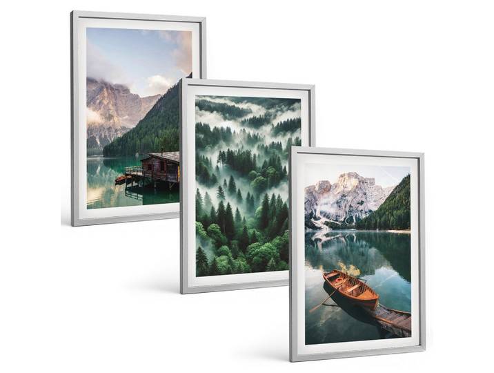 BILDER SET 3er Set - 40x60 cm Silberner Rahmen - Bergsee, Boot, Waldnebel