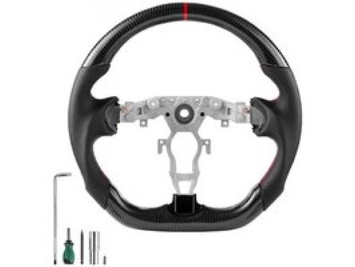 VEVOR Volant Compatible avec Nissan 370Z (2008-2020), Volant de Direction en Fibre de Carbone, Forme en D, Méplat, Poignée en Cuir avec Texture Antidérapante et Coutures Précises, Remplacement, Noir