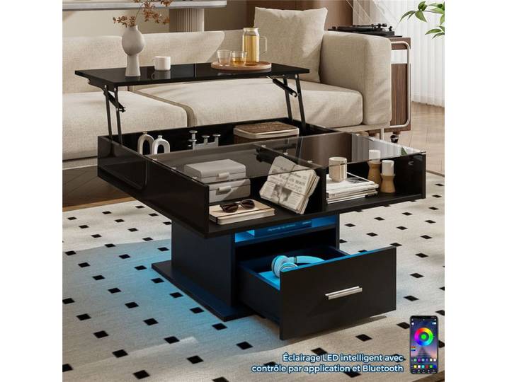 Table Basse Relevable avec LED Contrôle par App et Tiroir Table de Verre avec Compartiment Ouvertes Moderne Noir 78x78x45 5 cm