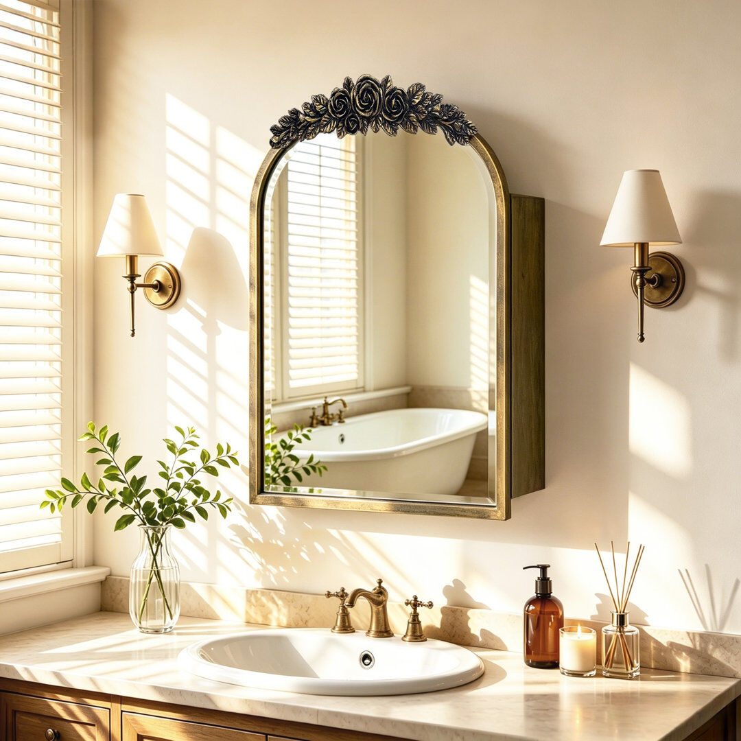Metro Vintage Bronze Arched Bathroom Mirror Cabinet Recessed / Surface Mount Medicine Cabinet Antique Gold 76.5cm H X 51cm W X 11cm D