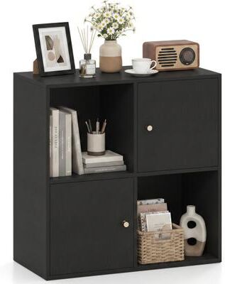 Costway 4-Cube Bookcase 3-Tier Bookshelf with Dual Anti-Tipping Kits and 2 Cabinets-Black