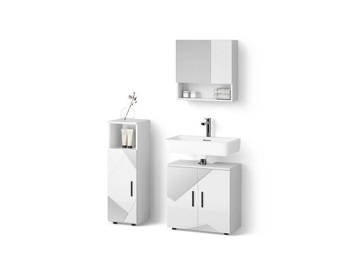 BADMÖBEL-SET Ronco, Weiß Hochglanz mit Einsätzen, 3-teilig