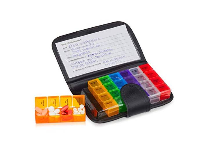 Relaxdays 10029482 Pilulier étui boîtier 7 jours 4 compartiments allemand boîte médicaments semainier\, noir\, 19\,5 x 13\,5 x 3\,5 cm