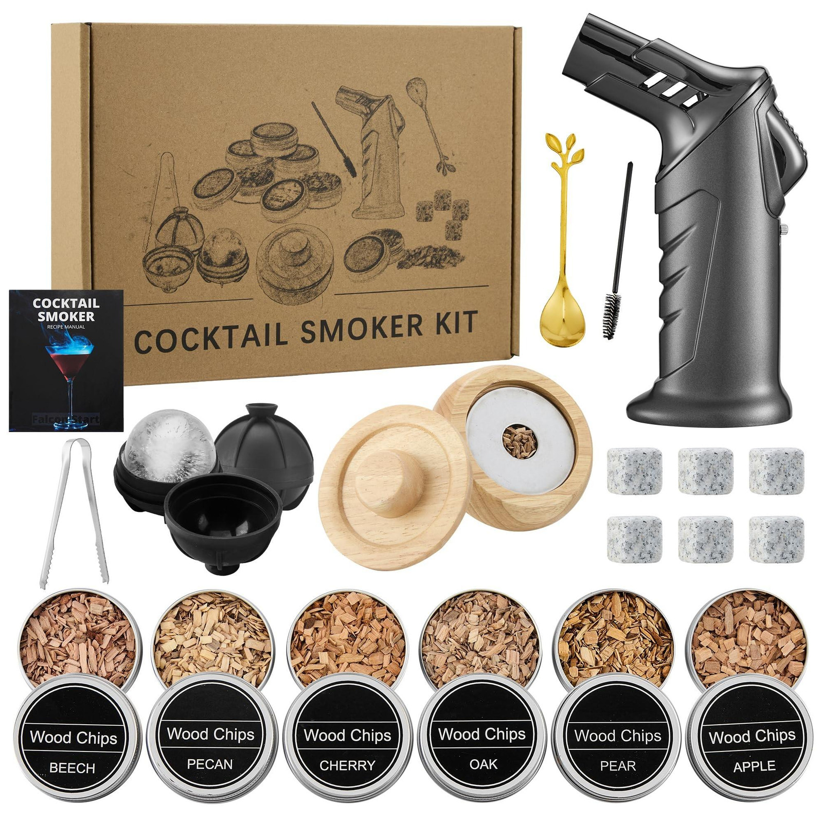 Cocktail Smoker Set met 6 Houtchips en 2 Siliconen IJs Mallen
