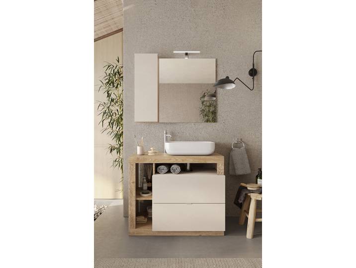 Beleuchteter Spiegel Hamburg 92cm Beige/Kaschmir/Eiche Hell Dekor Spanplatte, beschichtet 92cm