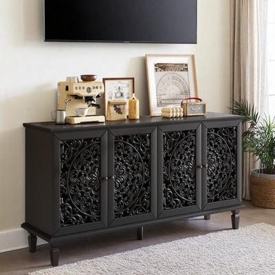 "59.84"" Wood Buffet Cabinet with Floral Carvings, Solid Wood Legs, Antique Brass Handles, and Adjustable Shelves"