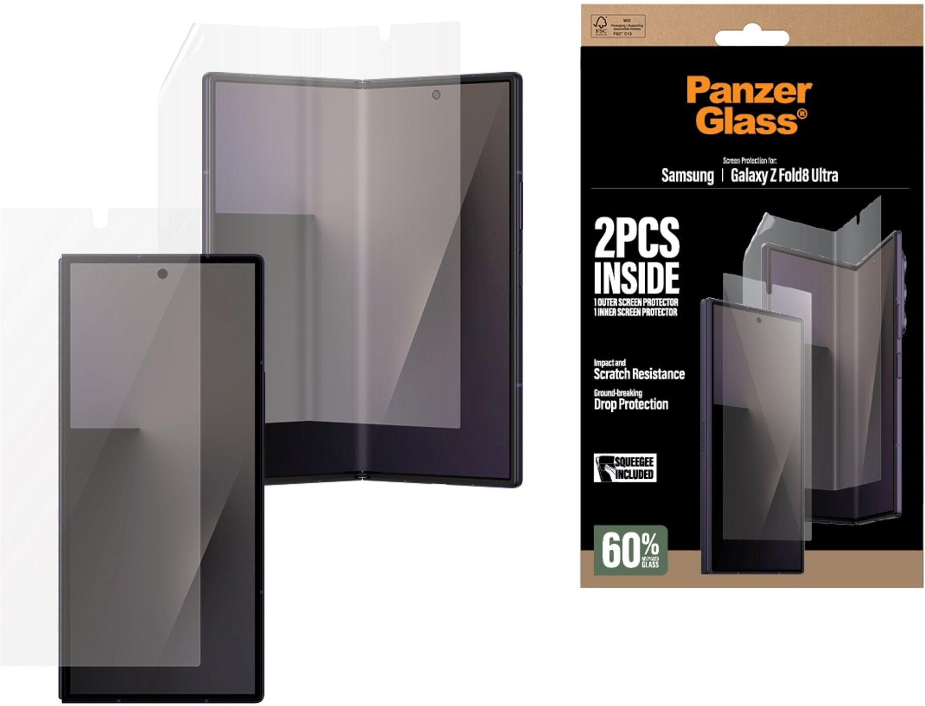 Samsung Galaxy Z Fold8 Ultra PanzerGlass® Beskyttelsesfilm til Front og Indvendig Beskyttelse - Gennemsigtig