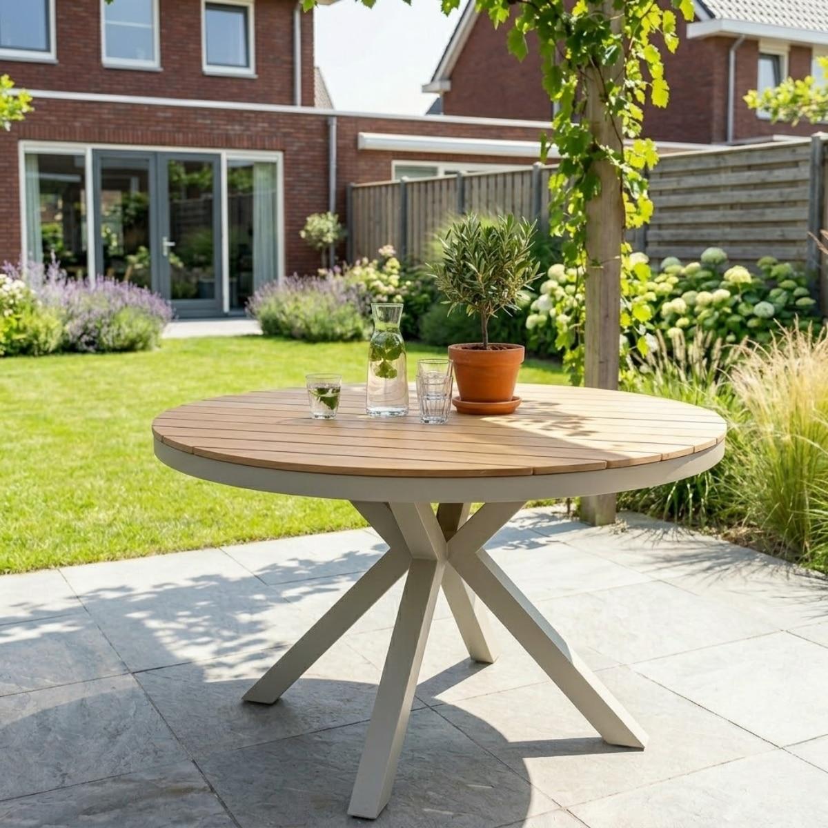 Gartentisch Calgary Rund 140cm Beige/Holz Dining Esstisch - RP140W