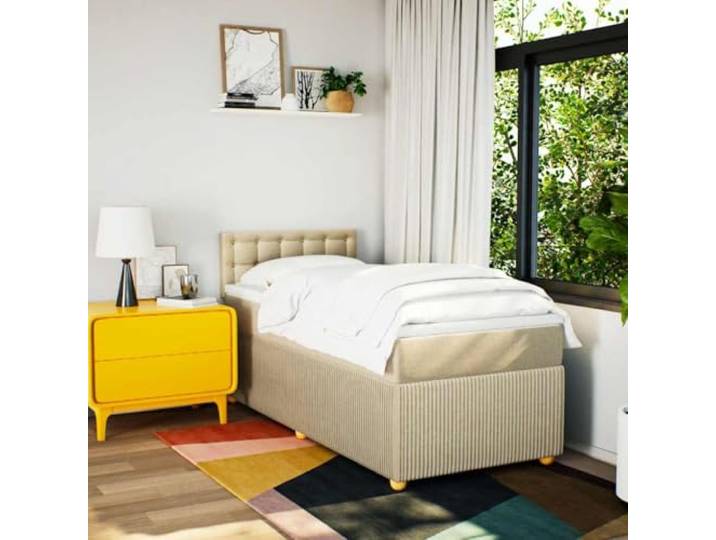 KTHLBRH Boxspringbett mit Matratze Creme 90 x 190 cm aus Stoff Mit Kopfteil, waschbarem Matratzenschoner, Lattenrost inklusive, unabhängige Unterstützung