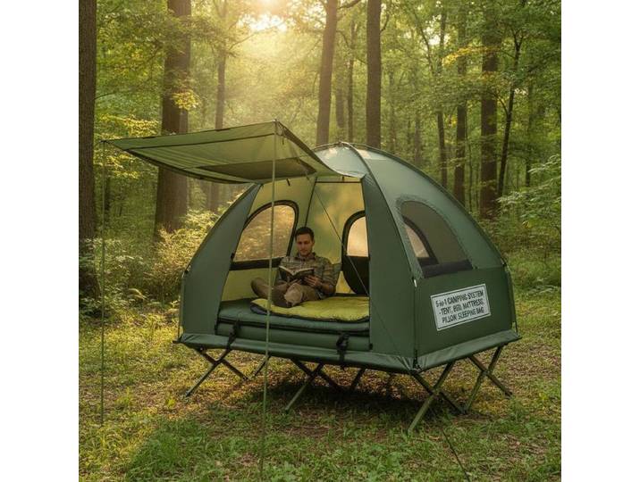 Tente de camping 5-en-1, lit de camping pour 2 personnes, matelas pneumatique, oreiller, sac de couchage, portable, vert