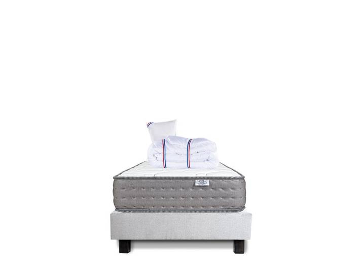 Ensemble Matelas 90x190 cm Zen 20 cm ferme face été/hiver + sommier gris ep20cm + oreiller + couette