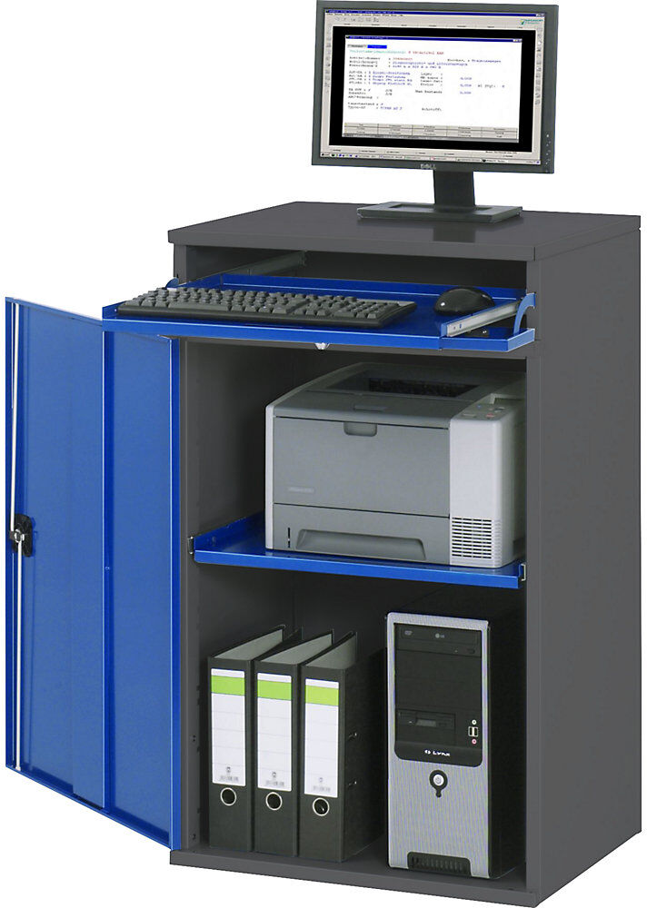 Computer-Arbeitsstation, Schrankgehäuse mit 1 Ausziehboden, Breite 650 mm, anthrazit / enzianblau RAU