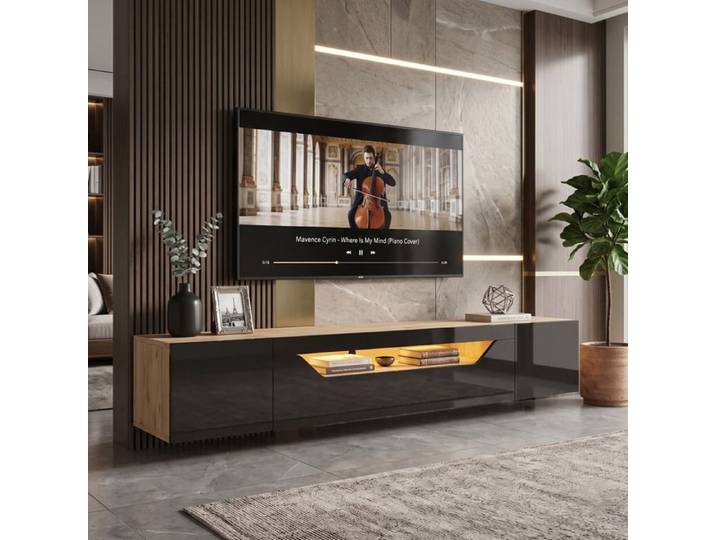Meuble TV Suspendu 180cm LED Rangement Gain de Place Design Soigné Laqué