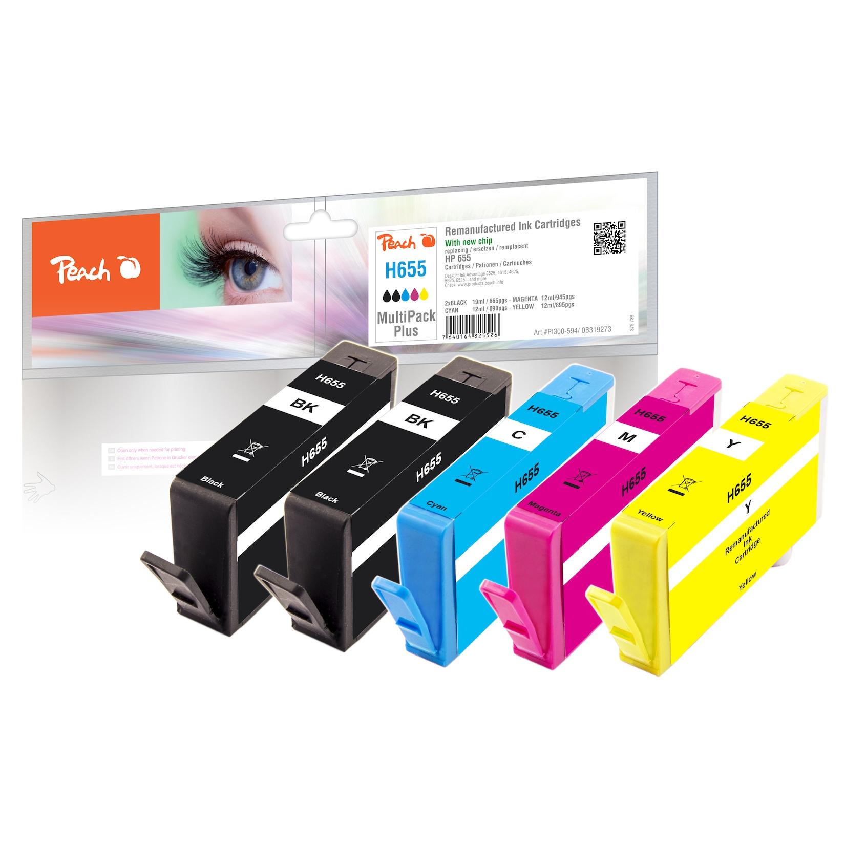 Peach HP 655 5 Druckerpatronen (2*bk, c/m/y) ersetzt HP No. 655, CZ109AE*2, CZ110AE, CZ111AE, CZ112AE für z.B. HP DeskJet Ink Advantage 3525 (wiederaufbereitet)