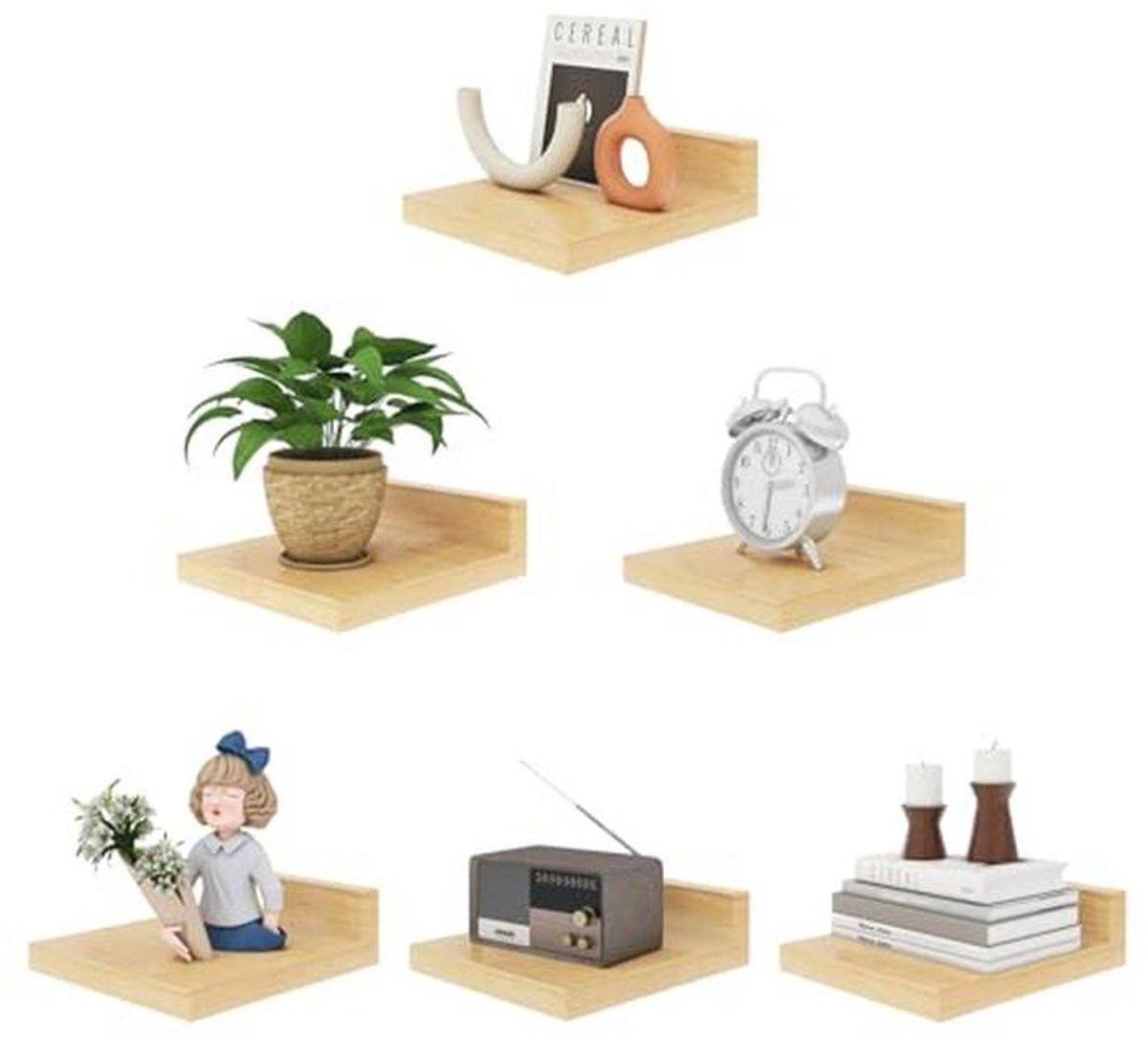 Set van 6 Zwevende Houten Wandplanken voor Slaapkamer, Badkamer en Keuken