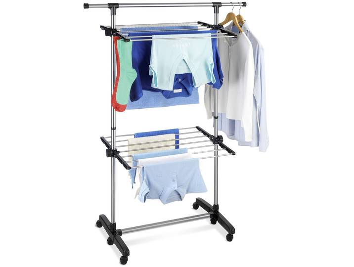 Turmwäscheständer MAXIMEX Modell Platzsparend , silber (silberfarben, schwarz), B:77cm H:143cm T:56cm, Edelstahl, Kunststoff, Wäscheständer, Turmwäscheständer, Wäscheständer mit 2 Etagen und 6 Rollen, Trockenlänge 11 m, klappbar