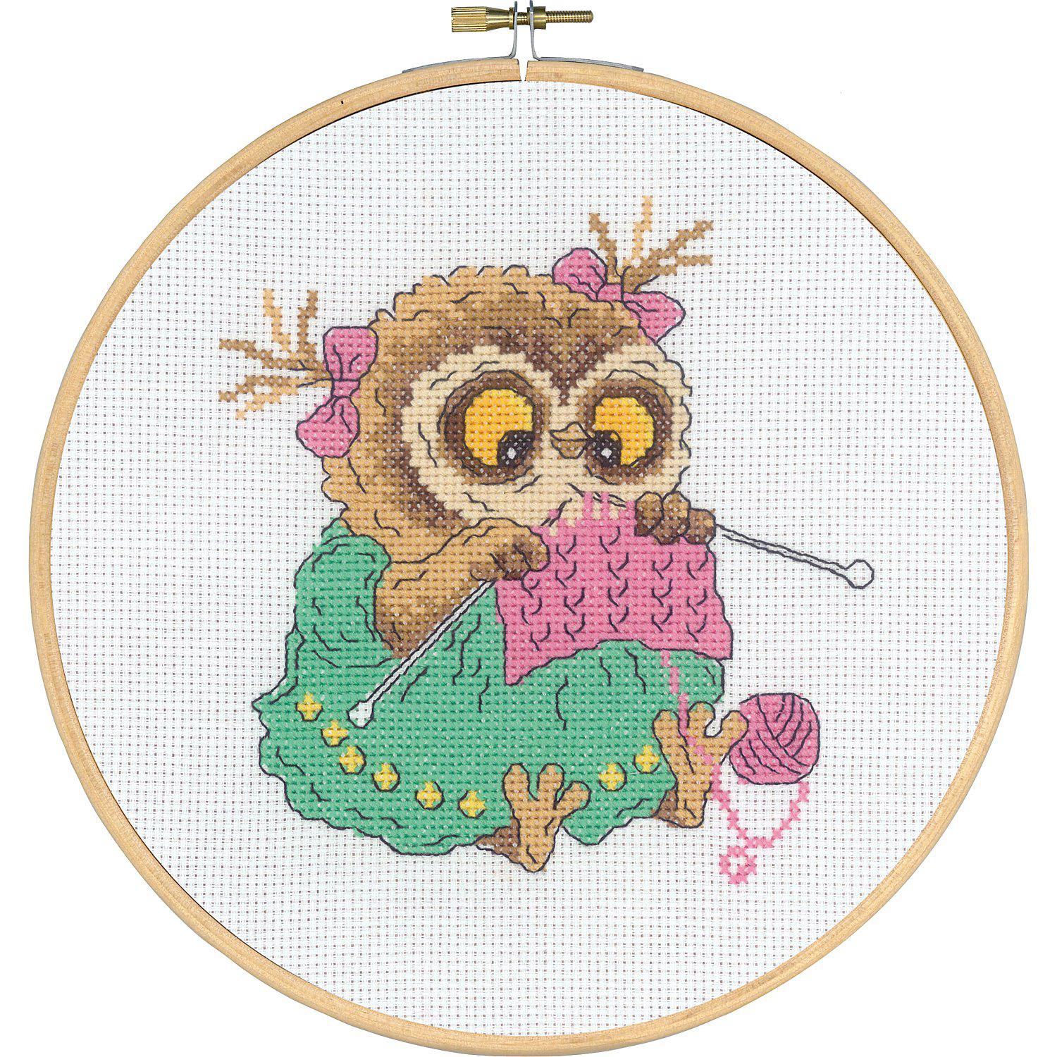 Stickbild "Strickende Eule", Ø 20 cm