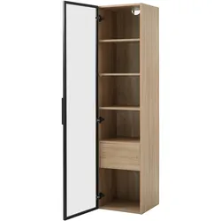 Bad-Organizer, 40x34x165 cm, Natur, mit offenen Fächern und Schränken, gehärteten Glas-Türen, kippsicher und stabil