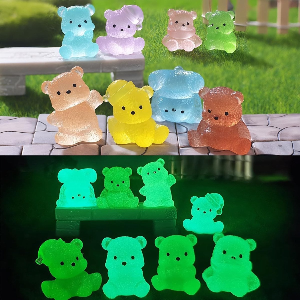 Set van 12 lichtgevende miniatuur beerfiguren van kunsthars voor tuin en decoratie