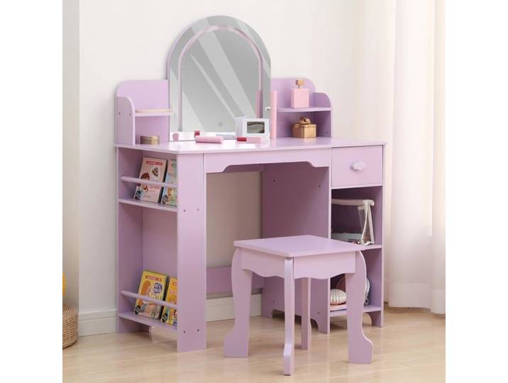 Coiffeuse pour Enfants avec Tabouret et Miroir LED Coiffeuse Fille avec Tiroirs Étagère Maquillage pour Enfants 3+ ans Violet