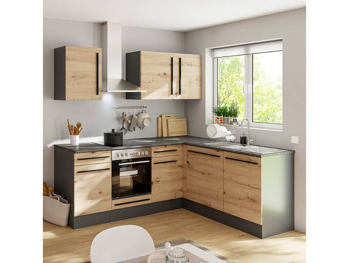 Cuisine équipée d’angle 220cm Marron/Imitation chêne Artisan Sans électroménager