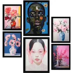 POSTER Set Mit 6 Blumengesicht In Vielseitiger Stil A3 & A4 Schwarzer Rahmen