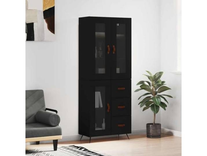 RJPLMFV Sideboard, hoch, 69,5 x 34 x 180 cm, Holz, Schwarz Regal für Wohnzimmer, Schrank, stabile Metallfüße, Wandbefestigung inklusive