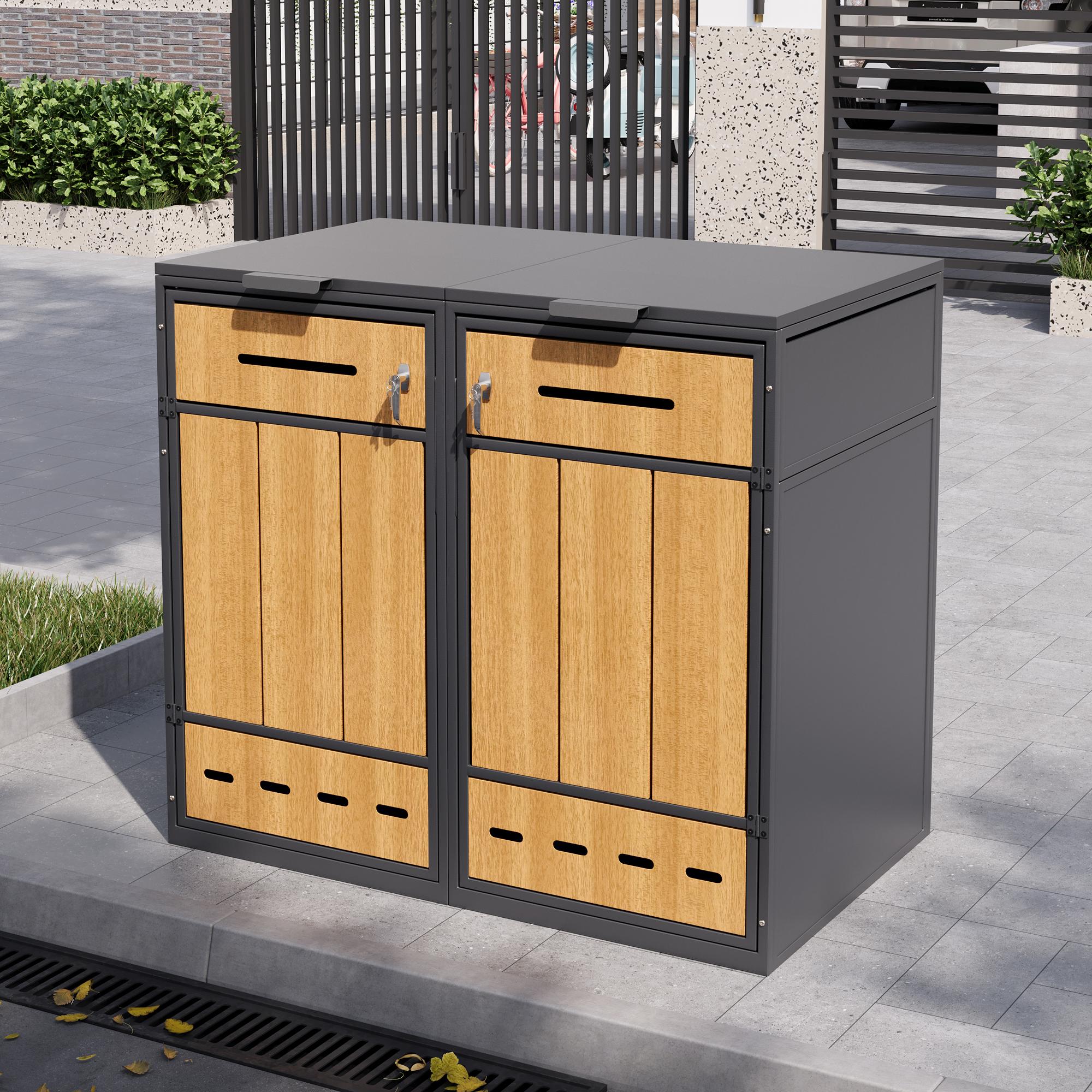 Merax Mülltonnenbox für 2 Abfallbehälter (120-240L) mit zwei Türen, abschließbare Mülltonnenverkleidung mit Belüftung und Holzoptik, Box Klappdeckel