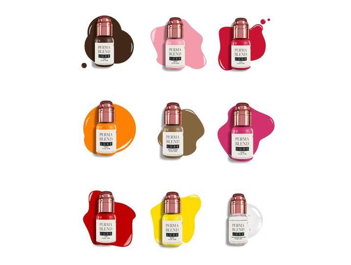 Encre de tatouage Perma Blend LUXE Rouge Brun Orange Mod PMU, best-seller pour sourcils, lèvres et eye-liner, pigment conforme à la réglementation européenne pour l'art beauté.