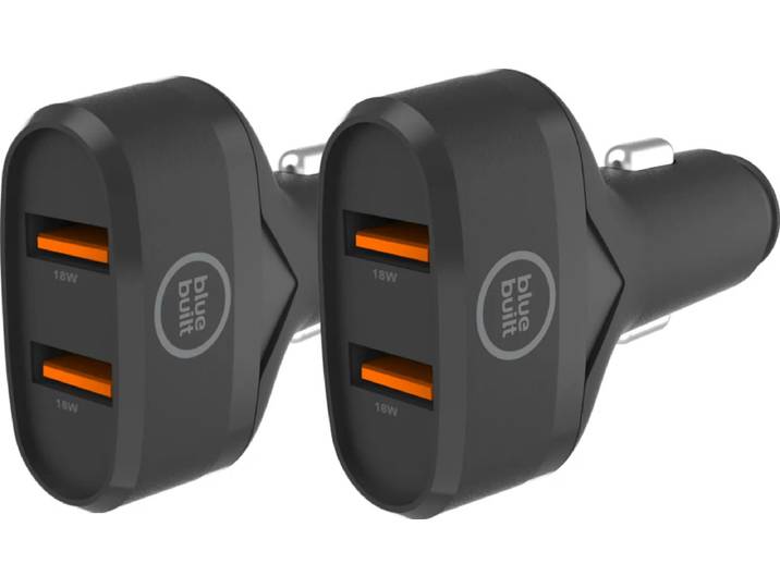 BlueBuilt Quick Charge Autolader met 2 Usb A Poorten 18W Zwart Duo Pack
