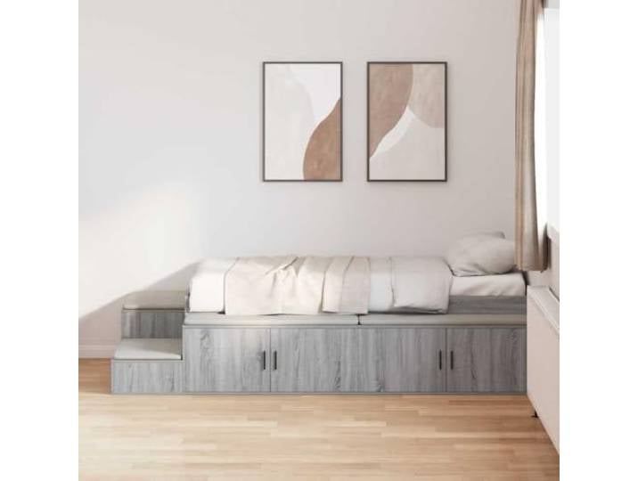 RJPLMFV Bettgestell, 75 cm, mit Stauraum, Grau Sonoma Holz, Massivholz, integrierte Regale, Türen mit Scharnieren, Lattenrost