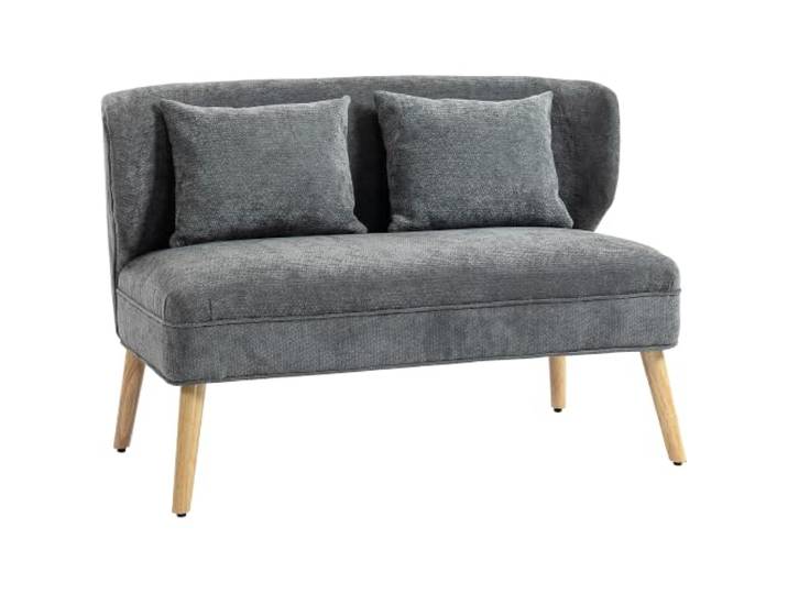 HOMCOM Sofa 2 Sitzer Kleine Couch mit Flügelrücken Doppelsofa 117 cm Grau 2 Wurfkissen, Dick Gepolstert, Modern Polstersofa, Chenille-Optik, Holzbeine, für Kleine Räume, Wohnzimmer, Schlafzimmer