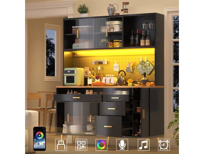 Buffet haut salle à manger -Meuble vaisselier cuisine avec éclairage LED -Armoire vitrine noir -Dimensions: 145×24×171 cm