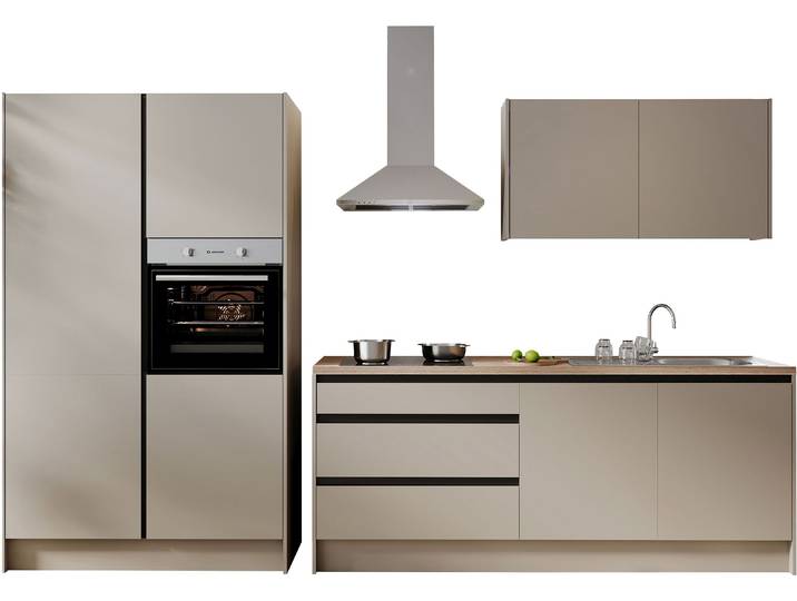 Küchenzeile BASIC BY BALCULINA Isis B/T/H 335x60x210 cm , küche: grau, front: kaschmirgraufarben, korpus: kaschmirgraufarben, arbeitsplatte: eiche gestreift, B:335cm H:210cm T:60cm, Komplettküchen-Sets, Küchenzeile, Breite 273 cm, wahlweise mit E-Geräten und Induktionskochfeld